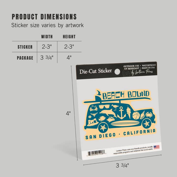 Lantern Press - Wholesale Sticker - Vinyl Sticker San Diego, California, Coastal Icons