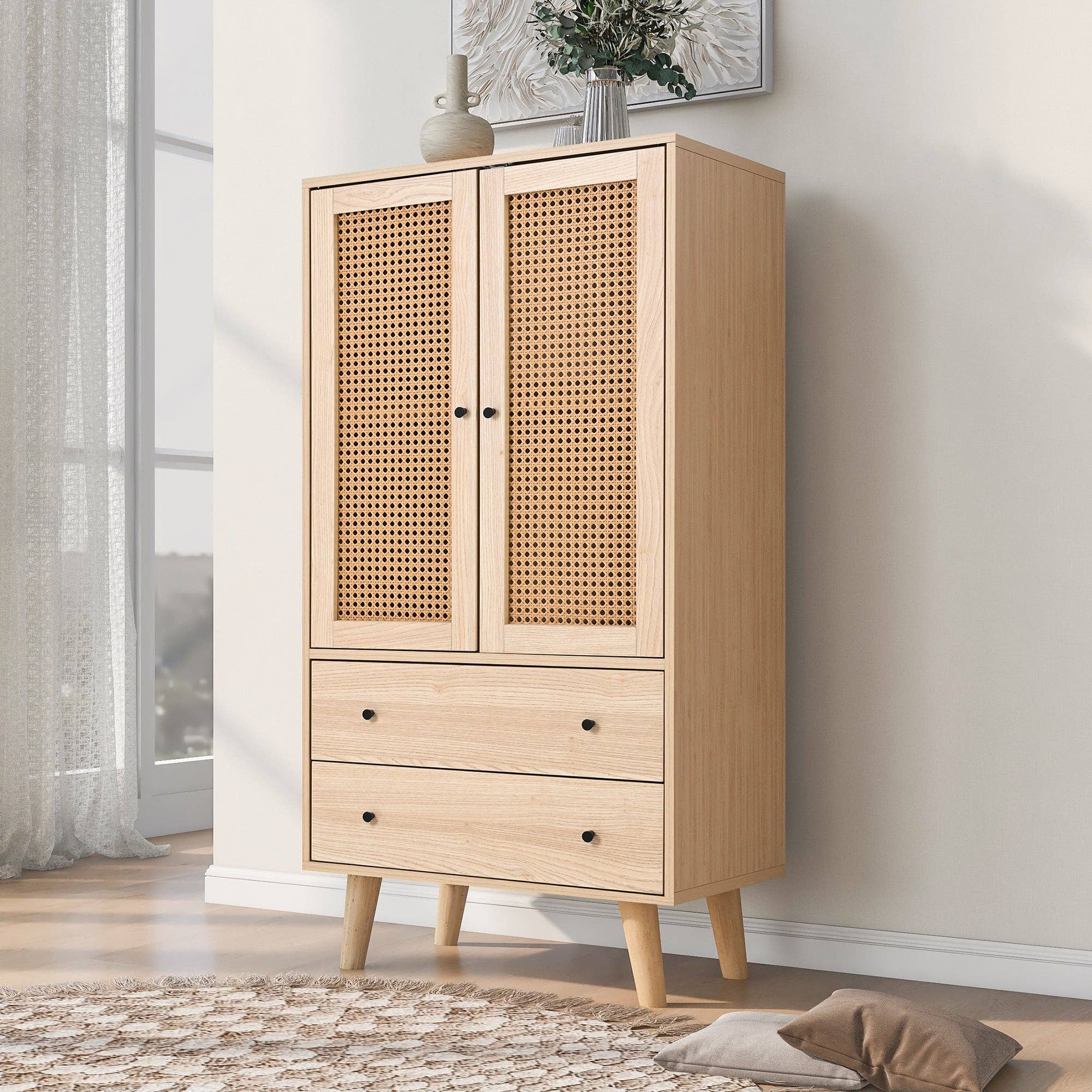 Urban Meuble - Wholesale Cabinet - Wood-effect sideboard with rattan doors and 2 drawers, solid wood legs FENMUCK5