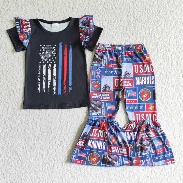 Yawoo Garments - Wholesale Top & Pant Set - Kids - Black screen print girls bell bottom pants outfits