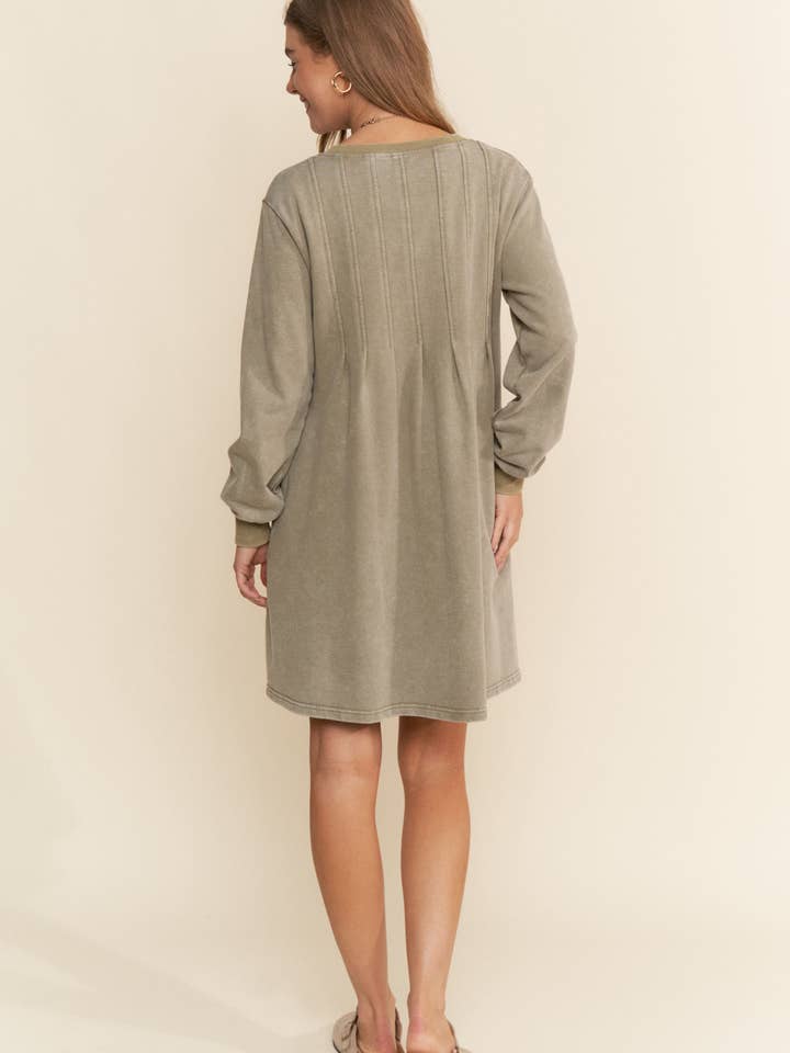 Moss Green Pleated Round Neck Long Sleeve Sweater Dress for wholesale on Faire5