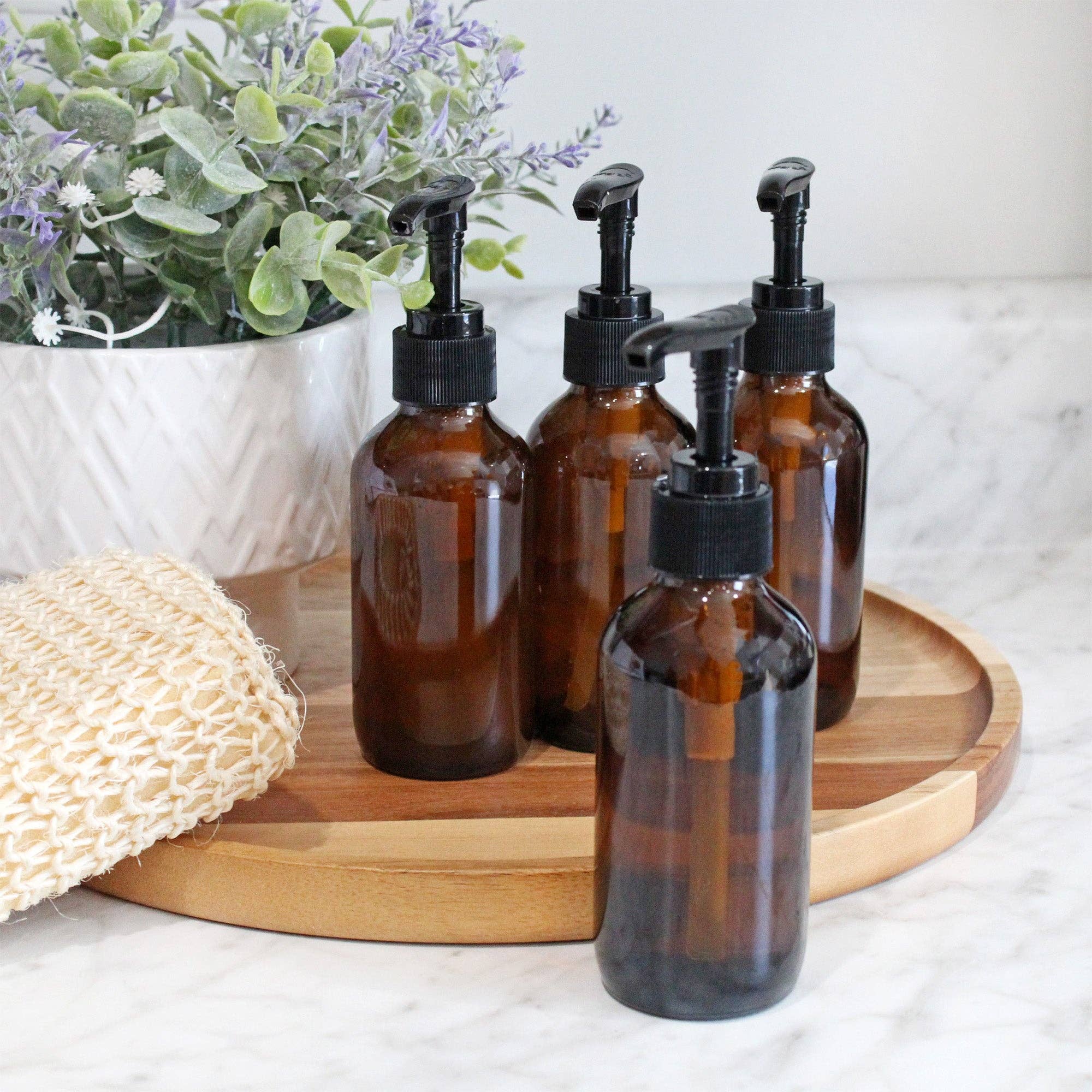 Kurated Korner - Wholesale Soap Dispenser - Cornucopia 4oz Amber Glass Pump Bottles (4-Pack)9