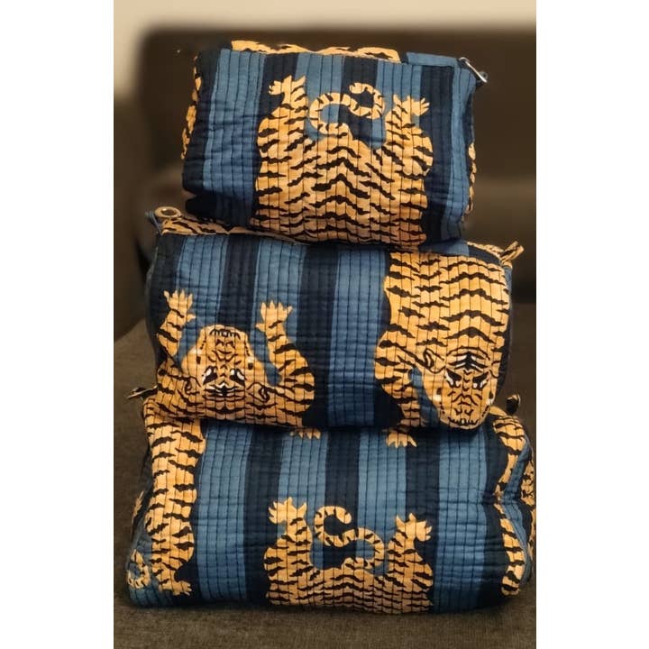 Dark Blue Tiger Cotton Quilted Makeup Bag/Cosmetic Bag for wholesale by Ayras World