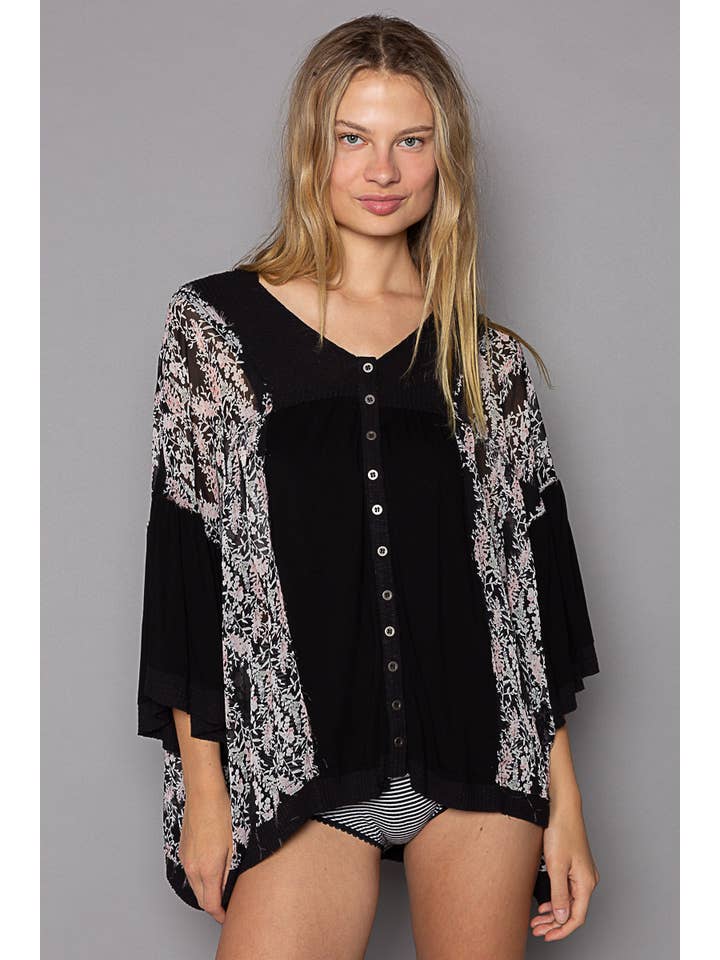 Pol Clothing - Wholesale Knit Top - Women's - Oversize V-neck bell sleeve floral print hoodie knit top