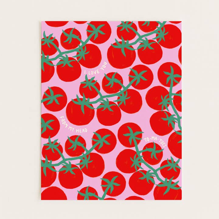 Head Tomatoes Love Food Pun Art Print for wholesale by Three Strands Design