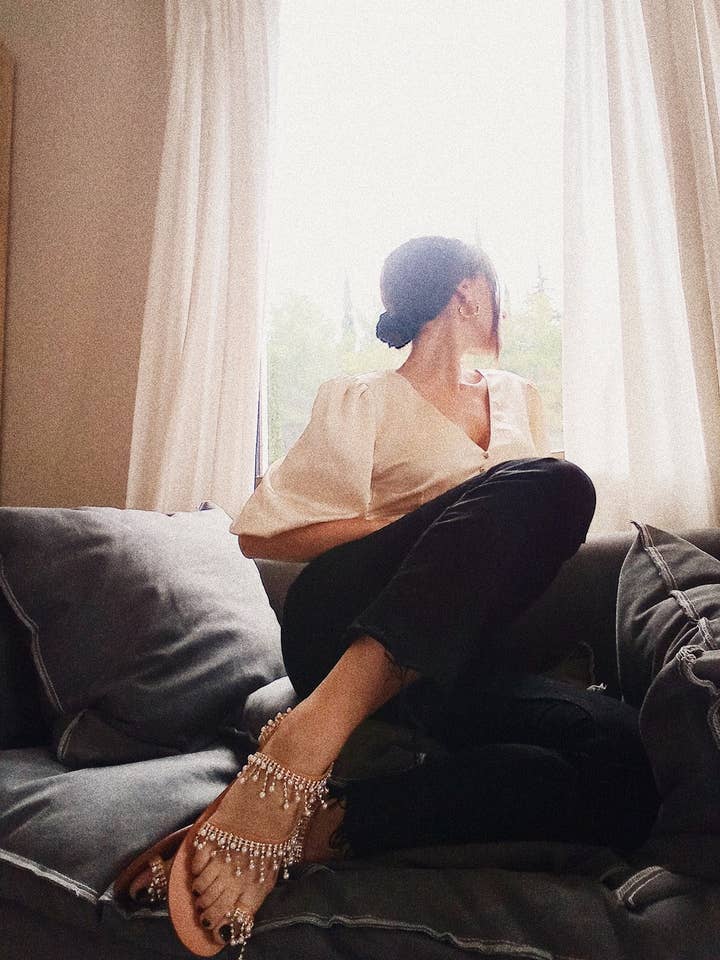 Jeweled Gold Leather Sandals With Crystals & Pearls Dalida for wholesale by SIBYLLADELPHICA