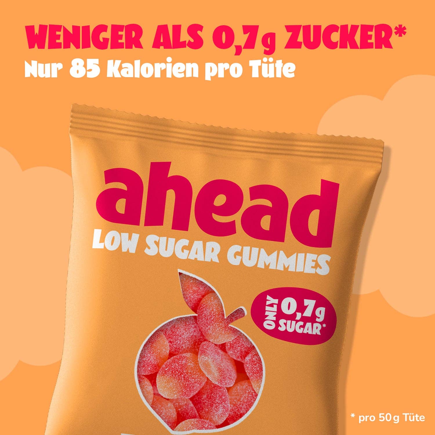 ahead - Wholesale Gummy - Juicy Peaches Gummies - Low Sugar (Tray 18x50g)1