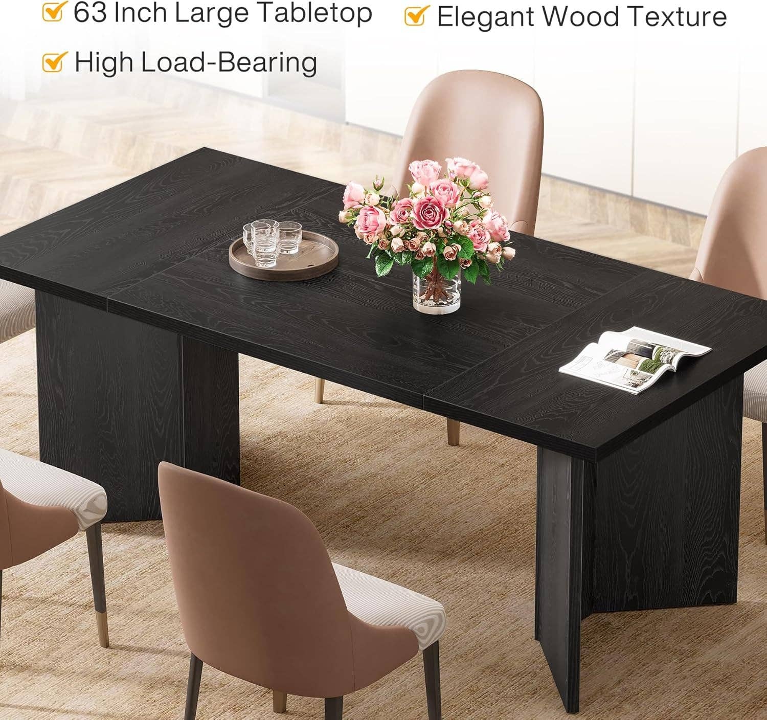 ShipItFurniture - Wholesale Side Table - 63 Inch Black Dining Table With Wood Base Seats 4 To 65