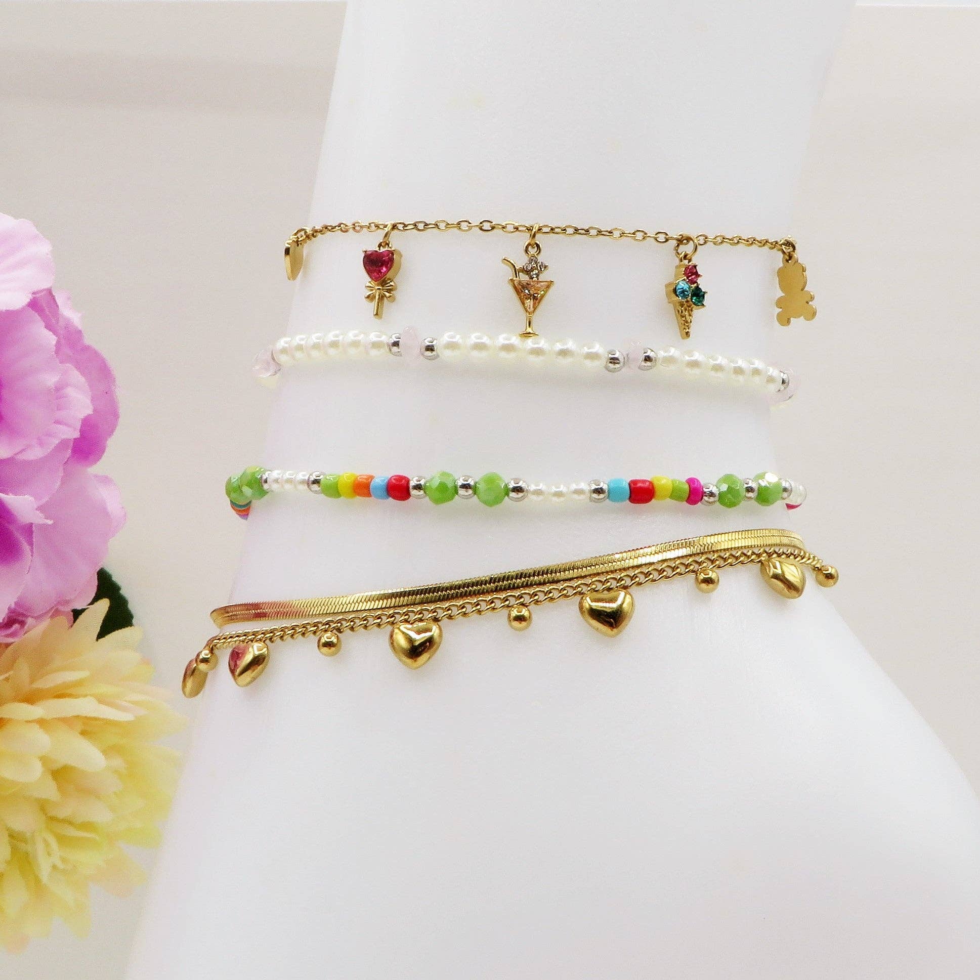 Daemon srls - Wholesale Beaded Bracelet - KERALA ~ Cavigliera rainbow perle + perline cristallo + ACCIAIO INOSSIDABILE2