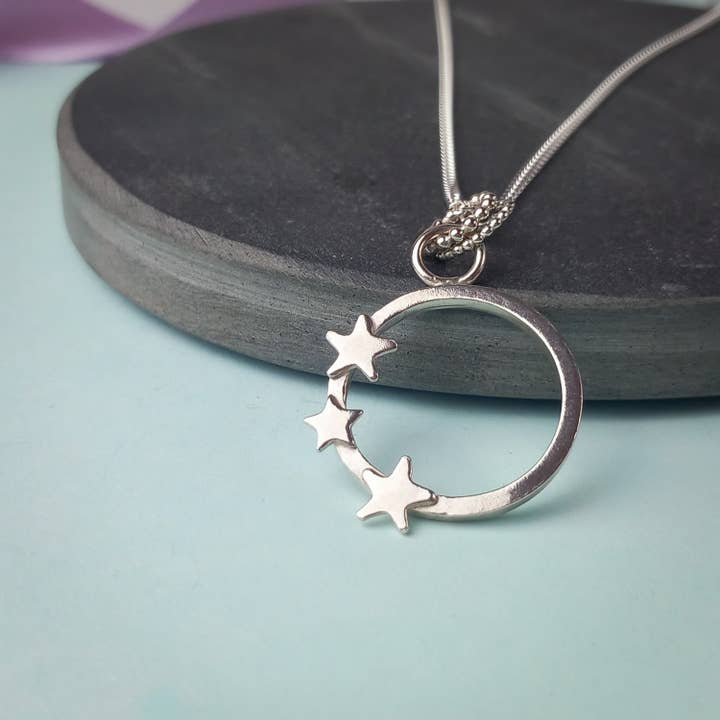 3 Stars Open Circle Necklace. Recycled Sterling Silver. for wholesale by Rebecca Davies Jewellery