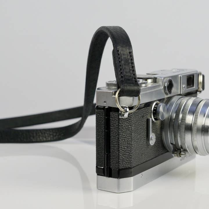 Slim Black Leather Camera Strap - Messel Stitched for wholesale by TILT//SHIFT Leatherworks