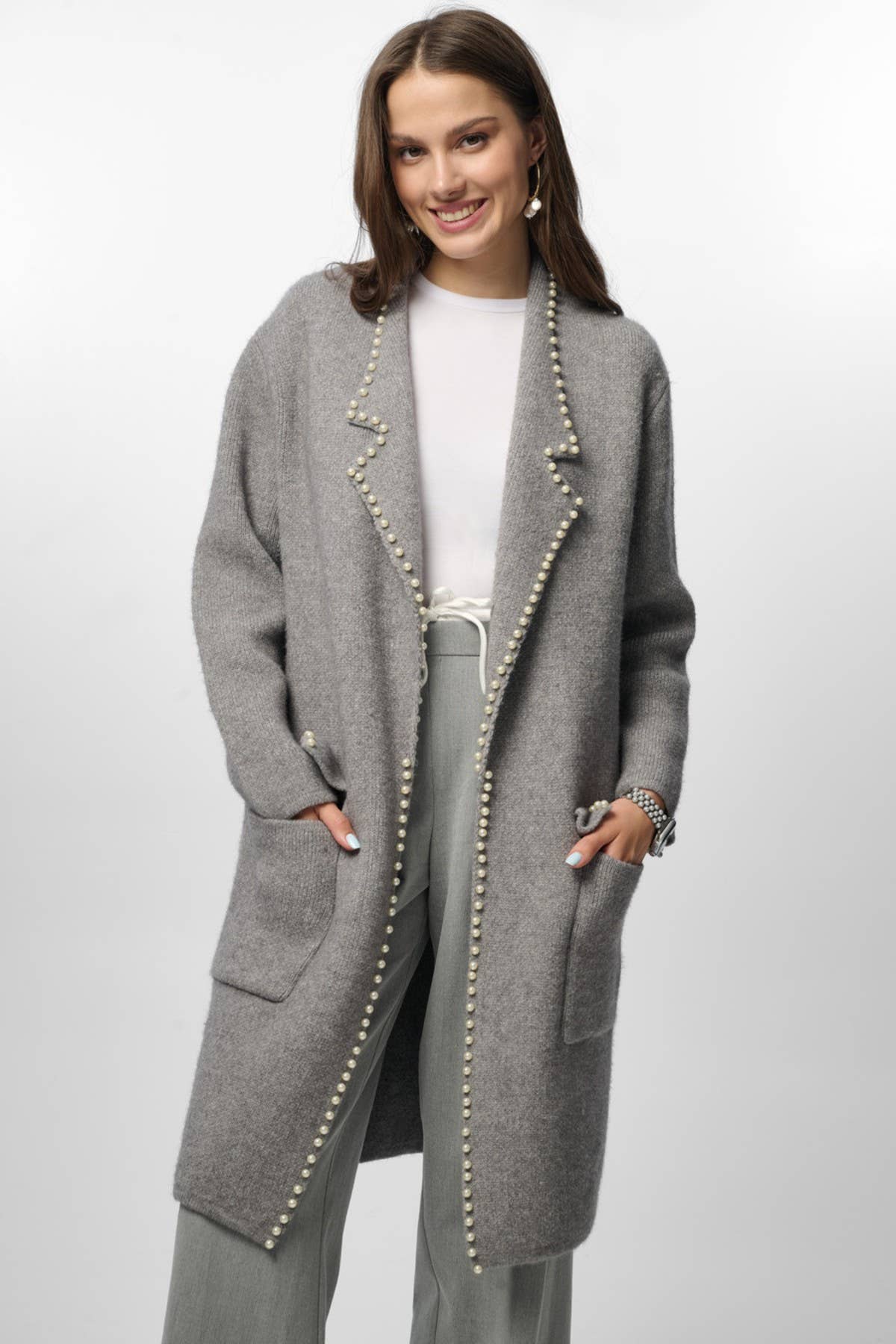 SAACHI - Wholesale Blazer - Women's - Pearl Trim Long Knit Blazer4