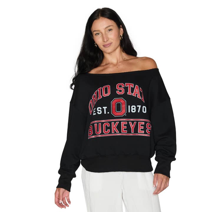 Ohio State OSU Buckeyes Black Off the Shoulder Sweatshirt for wholesale by Lojo Collegiate Apparel