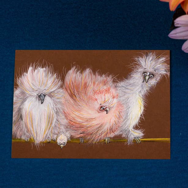 Postcard Silkie Chickens for wholesale by Frau Inga Malt