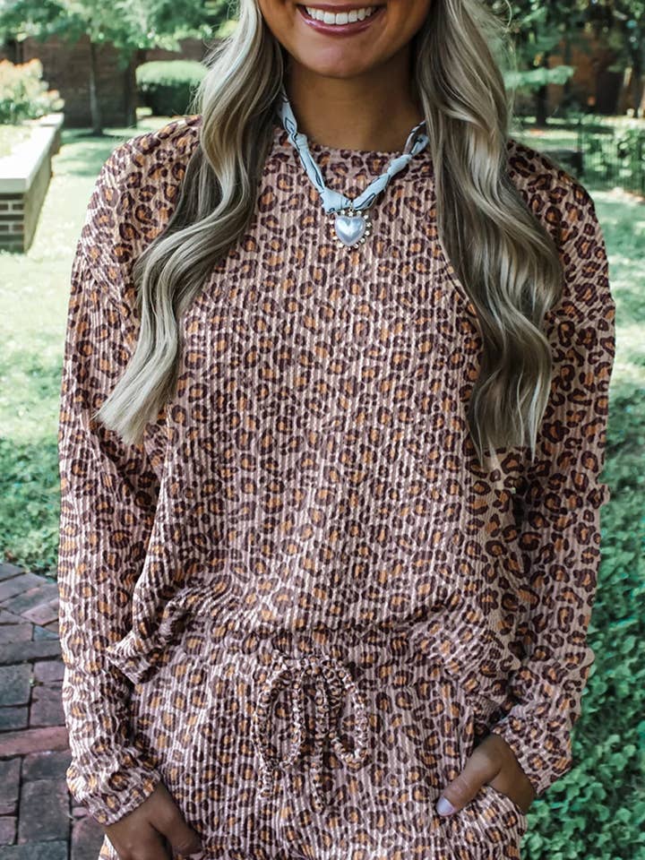 Khaki Leopard Ribbed Long Sleeve Top Drawstring Shorts 2pcs Outfit and other Purchase Wholesale leopard set. Free Returns & Net 60 Terms on Faire trending on Faire.