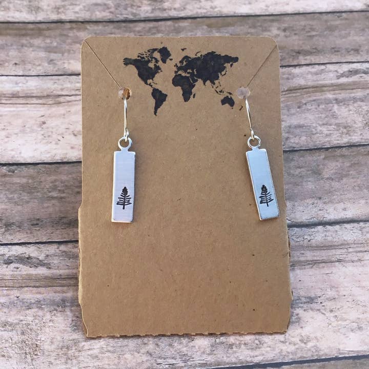 Small pine tree earrings rectangular in silver color for wholesale by Jamie Haley Designs