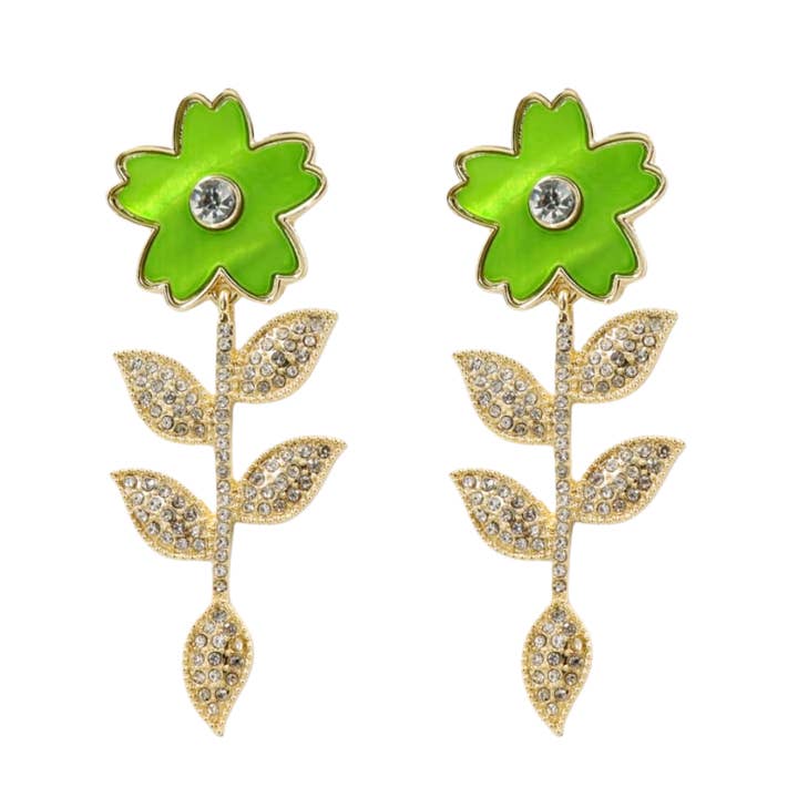 Boucles d'oreilles en forme de fleur verte avec feuilles de cristal pour la vente par Brianna Cannon