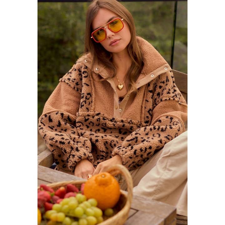 Fleece Zipper Front Hide Pocket Leopard Top for wholesale by IVE