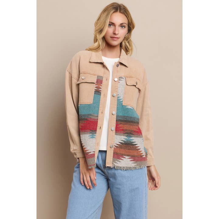 WASHED AZTEC DENIM SHACKET for wholesale by Mapcie