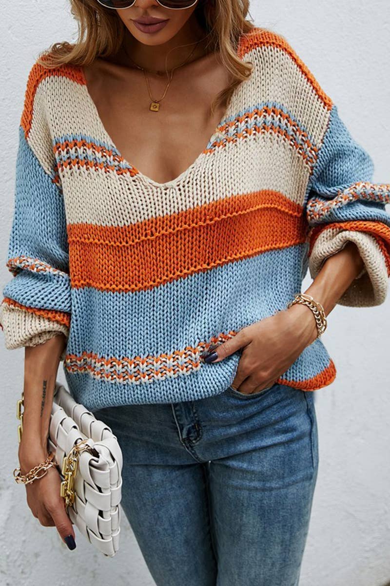 Orange CWOSWL1726_V-neck Long Sleeve Pullover Sweater for wholesale on Faire0