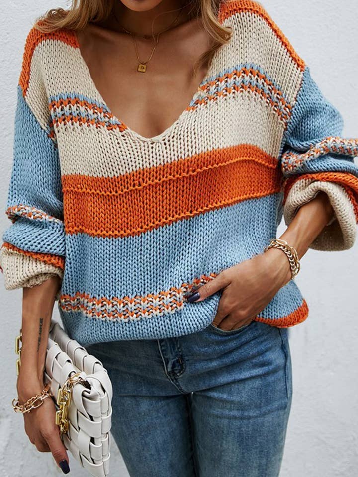 Orange CWOSWL1726_V-neck Long Sleeve Pullover Sweater for wholesale on Faire