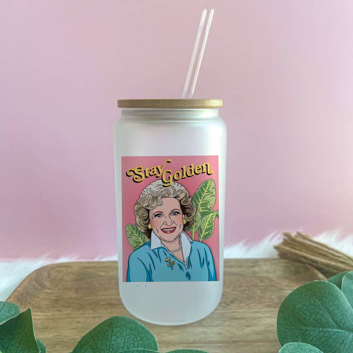 Stay Golden Betty White Glass Can for wholesale by Cups4Cuties