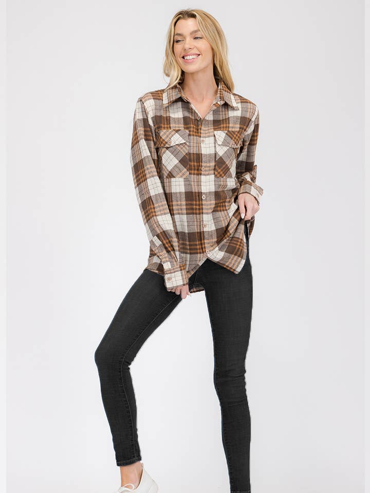 WEIV - Wholesale Button Down Shirt - Women's - W-FL104 Womens Boyfriend Flannel Checkered Plaid Long Sleeve0