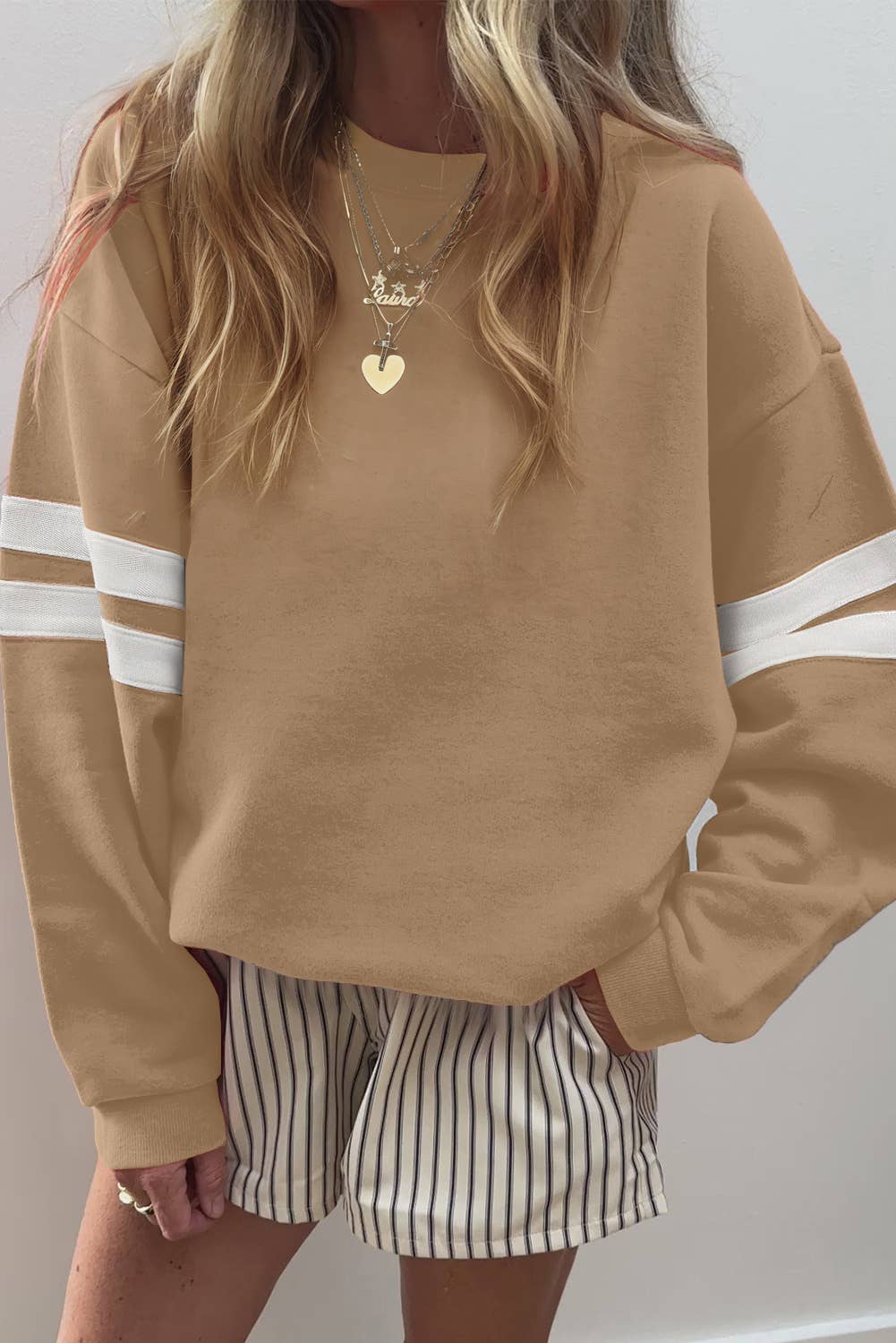 Little Daisy Closet - Wholesale Sweatshirt - Women's -  LDC Varsity Striped Detail Drop Shoulder Sweatshirt6