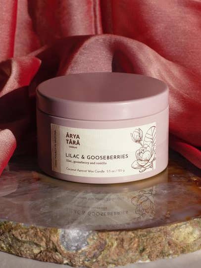 Lilac & Gooseberries Candle | Lotus Tin for wholesale by Arya Tara