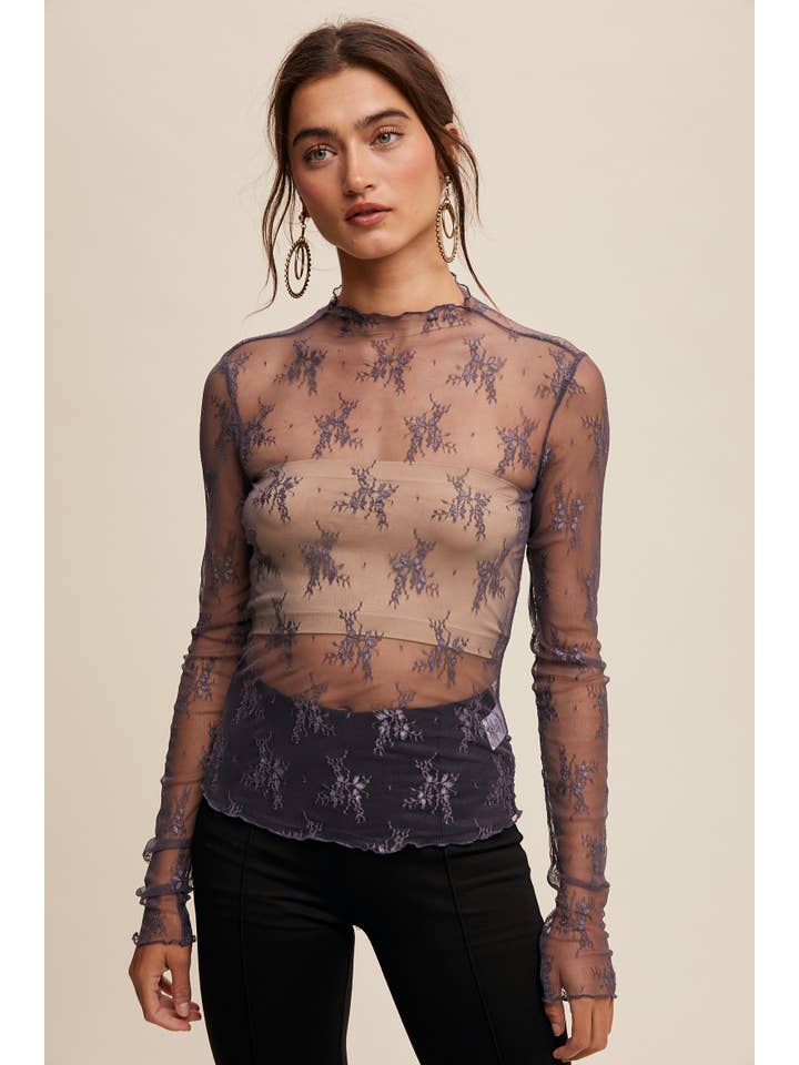 Listicle - Wholesale Blouse - Women's - Sheer Lace Long-Sleeve Top73