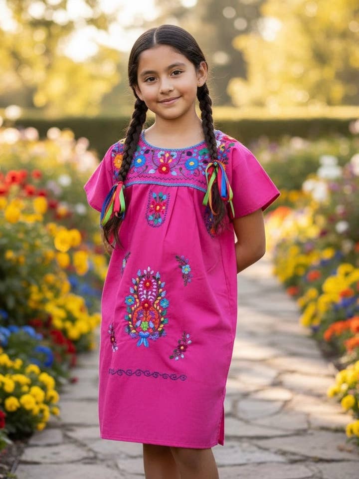 Vestido Mexicano Puebla para Meninas Hot Pink por atacado de Cielito Lindo