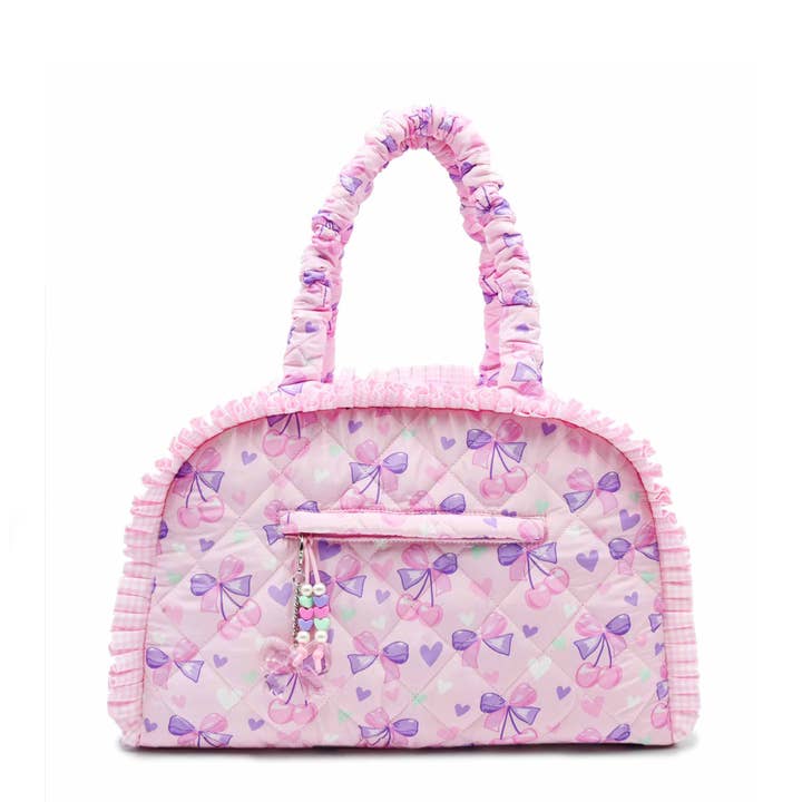 Quilted Cherry Bow Printed Medium Duffle Bag for wholesale by OMG Accessories