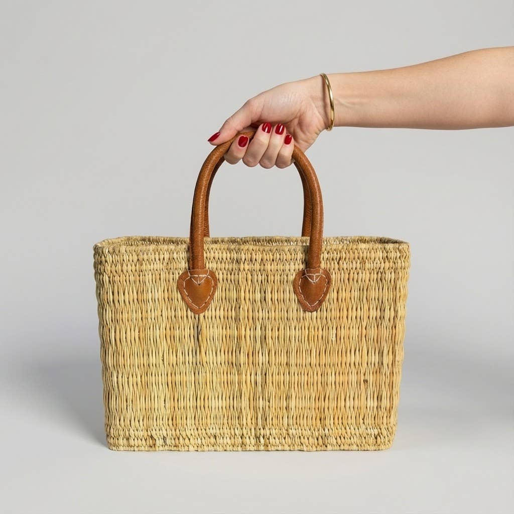 Melecraft - Wholesale Basket - Reed Market Basket Leather Handles - Natural Woven Tote Bag2