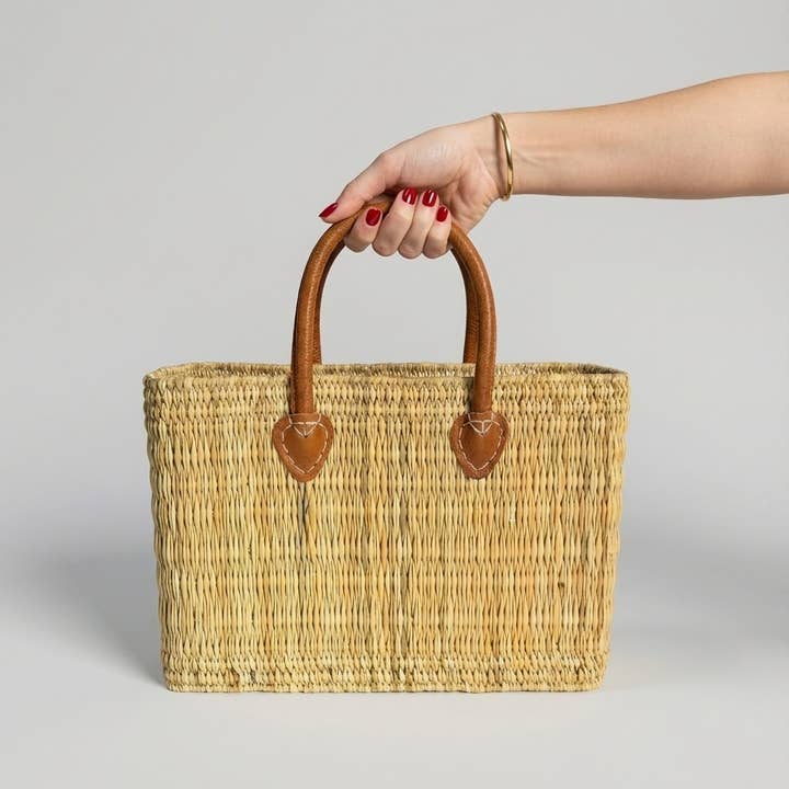 Melecraft - Wholesale Basket - Reed Market Basket Leather Handles - Natural Woven Tote Bag2