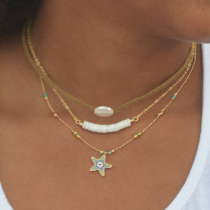 World End Imports Jewelry & Gifts - Wholesale Link & Chain Necklace - NK Chain/Bar Round White Clam Shell-12