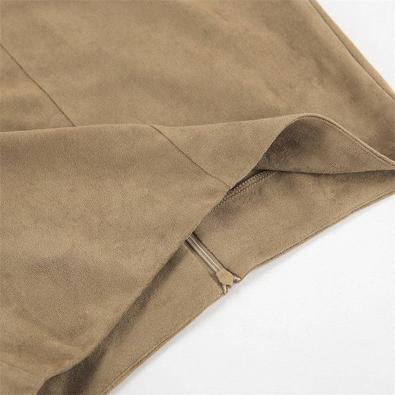 KHAKI Solid High Waist Straight Suede Midi Skirt for wholesale on Faire7