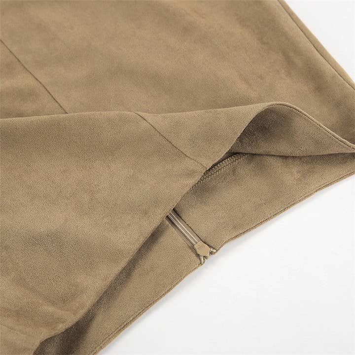 KHAKI Solid High Waist Straight Suede Midi Skirt for wholesale on Faire7