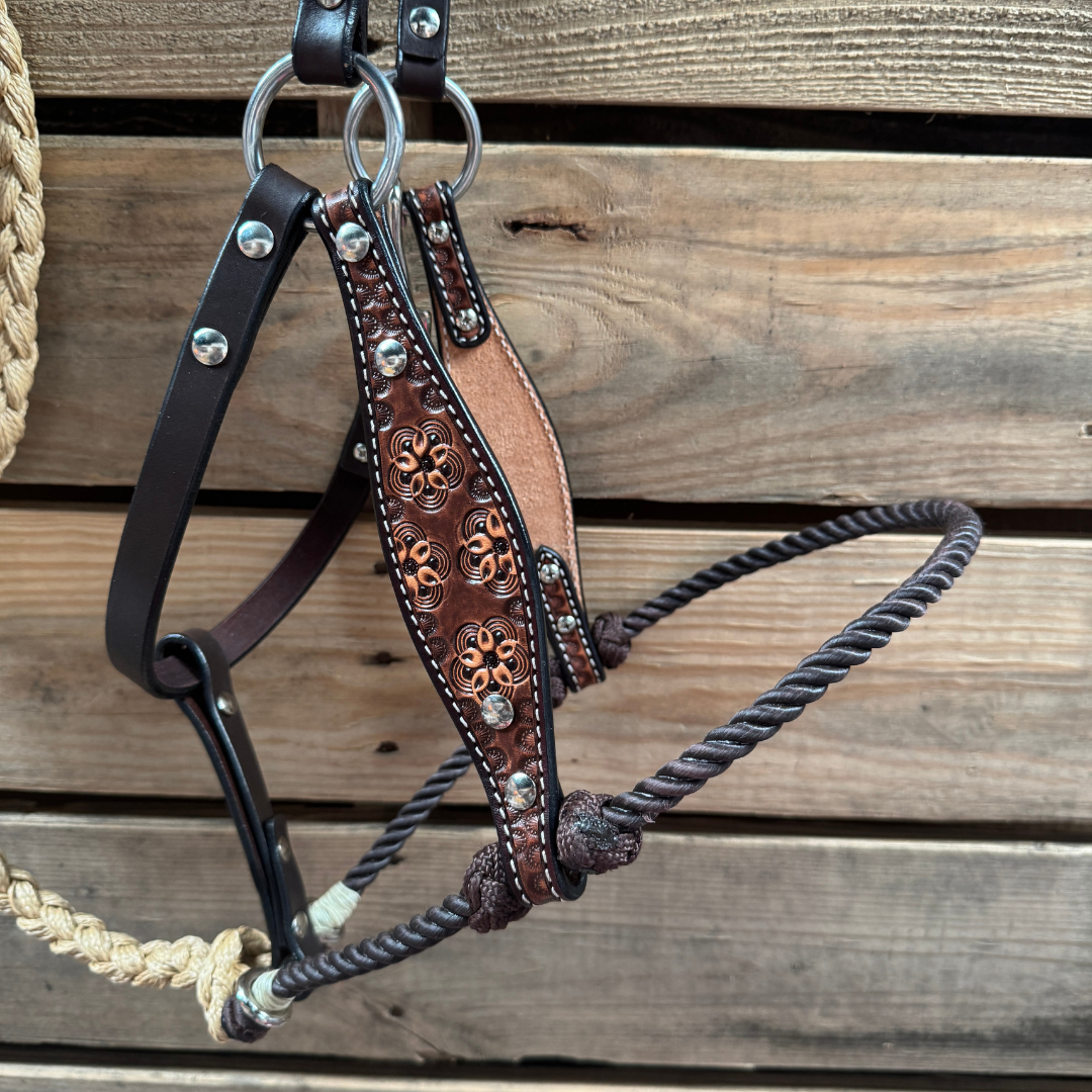 Rodeo Drive – wholesale Horseback riding gear – Brown Flower Power Tooled Lariat & Leather Combo Halter1