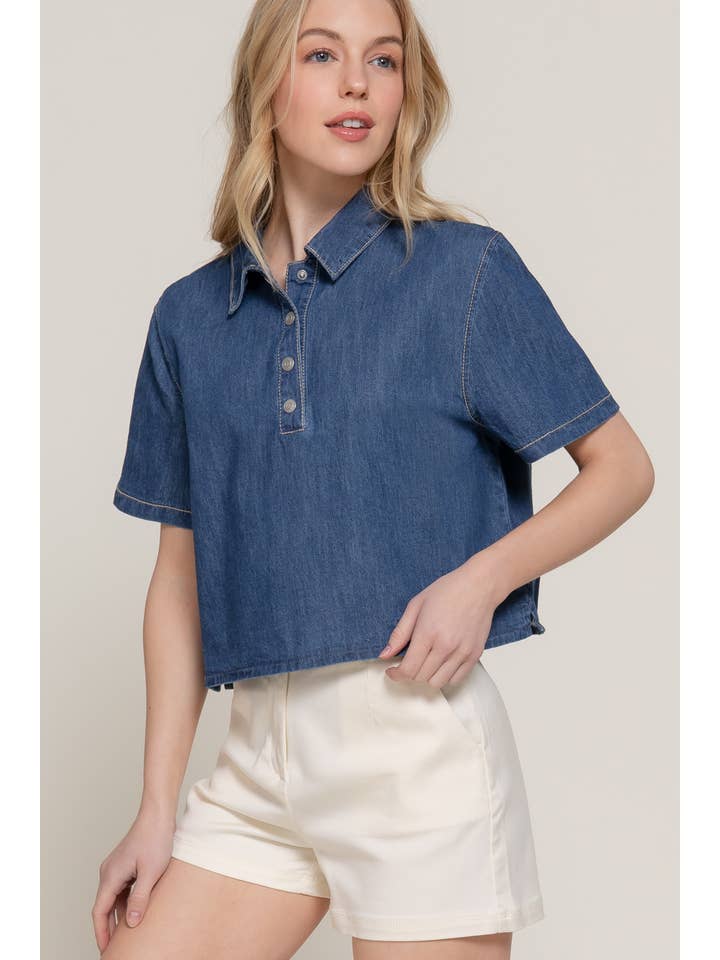 Blauw-donker denim Boxy spijkerblouse met korte mouwen voor groothandel op Faire