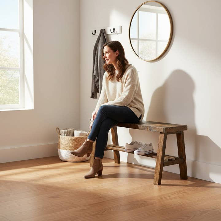 Banc d'entrée rustique en pin massif avec motif branche d'olivier pour la vente par Intrinsic Haven