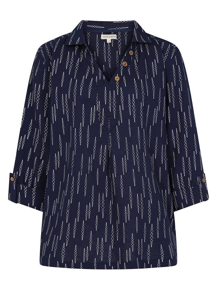 Summertime Smock - Diamond Navy Print - Ekologisk bomullslinneblandning för wholesale av Mudd & Water