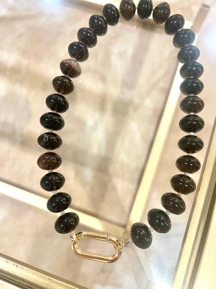 Smoky Quartz Gold Carabiner Necklace for wholesale by Grace Designs