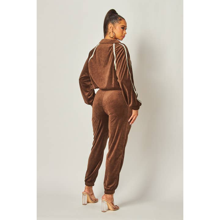 BROWN Solid color Velour Tracksuit with Contrast Piping for wholesale on Faire