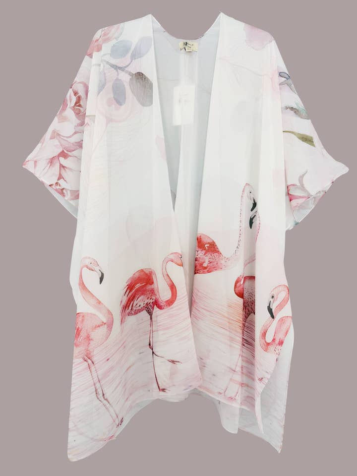 JC091738 Wit-Roze Flamingo & Bloemen Kimono/Omslagdoek voor wholesale door JC Sunny Fashion