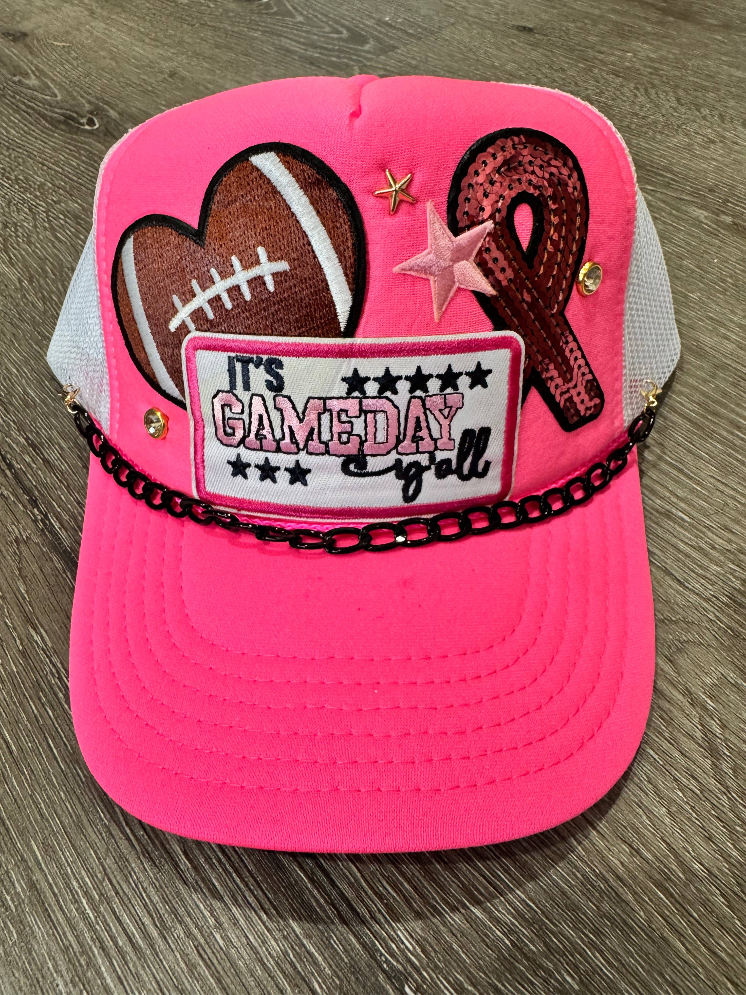 Patchwrx Customs Hat Bar - Wholesale Trucker Hat - Women's - It’s Gameday Y’all Hot Pink Football Breast Cancer Awareness Trucker Hat
