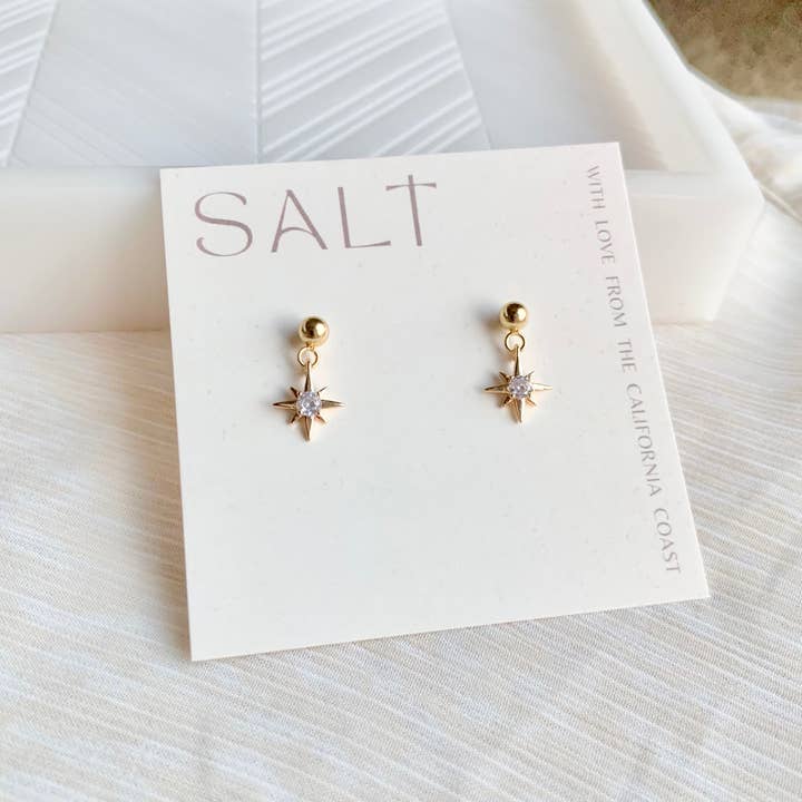 SALT by Sarah Curtis - Wholesale Stud/Post Earrings - STARBURST STUD DANGLES | gold | North star charm earrings
