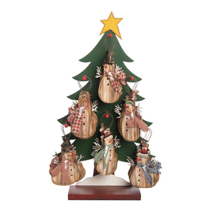 Christmas Plywood Rustic Snowman Scarf Orns w/Tree DS for wholesale by Transpac
