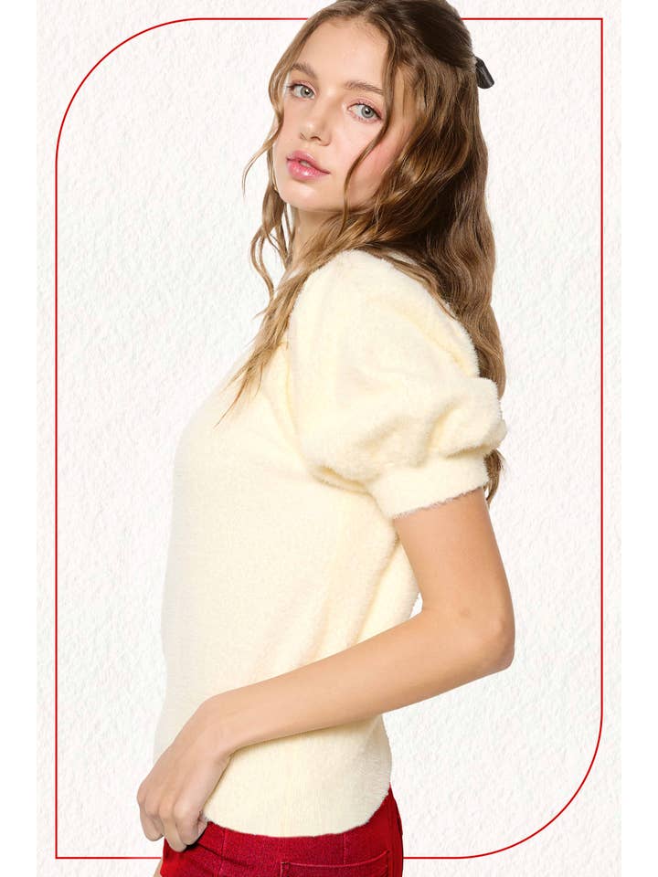 La Miel - Wholesale Blouse - Women's - JCS3554-Soft Mohair Puff Short Sleeve Knit Top