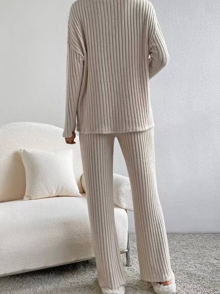 NINEXIS - Wholesale Top & Pant Set (NOT Loungewear) - Women's - CWSTB1175_V-NECK CASUAL RIBBED LONG-SLEEVED KNITTED SUIT