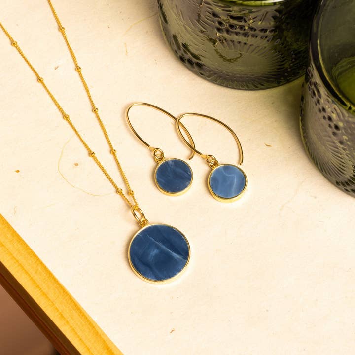 Blue Opal Disc Necklace and Earrings Gold Set (Satellite Chain) for wholesale by Soul & Little Rose