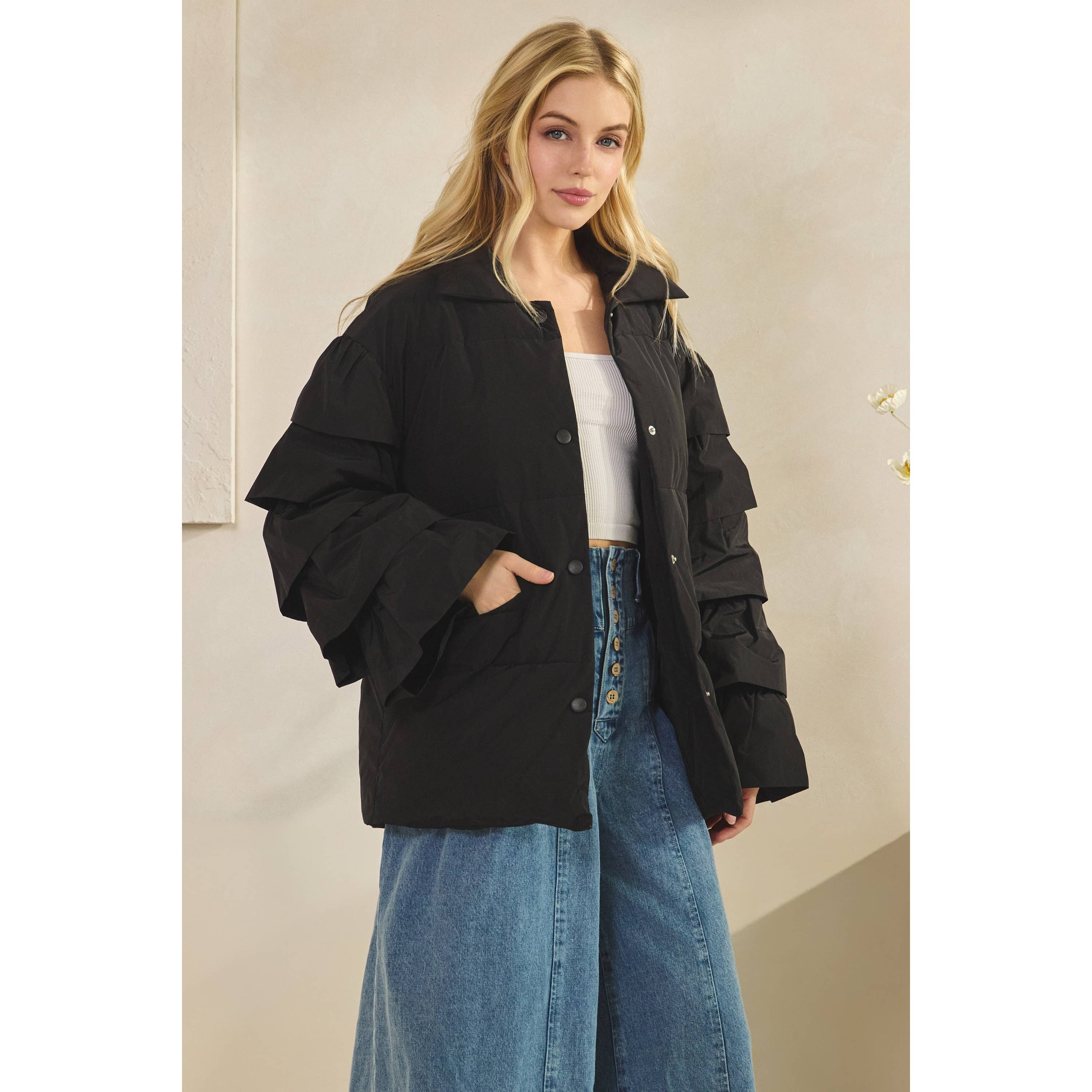 Veveret - Wholesale Jacket - Women's - Tiered Ruffle Long Sleeve Padded Jacket14